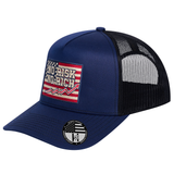 No Risk No Rich US Flag 5-Panel Trucker Hat - Navy front and Black mesh back - angled view