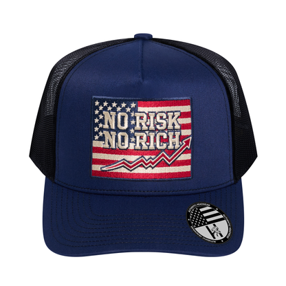 No Risk No Rich US Flag 5-Panel Trucker Hat - Navy front and Black mesh back - front view