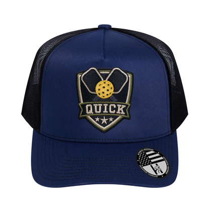 The Quick Pickleball 5-Panel Trucker Hat - Navy front and Black mesh back - front view