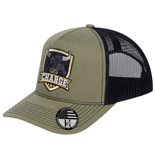 The Charge 5-Panel Trucker Hat - Olive front and Black mesh back - angled view