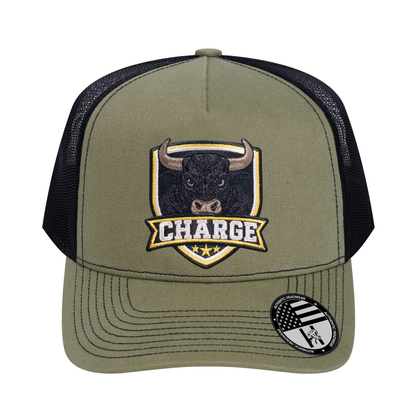 The Charge 5-Panel Trucker Hat - Olive front and Black mesh back - front view