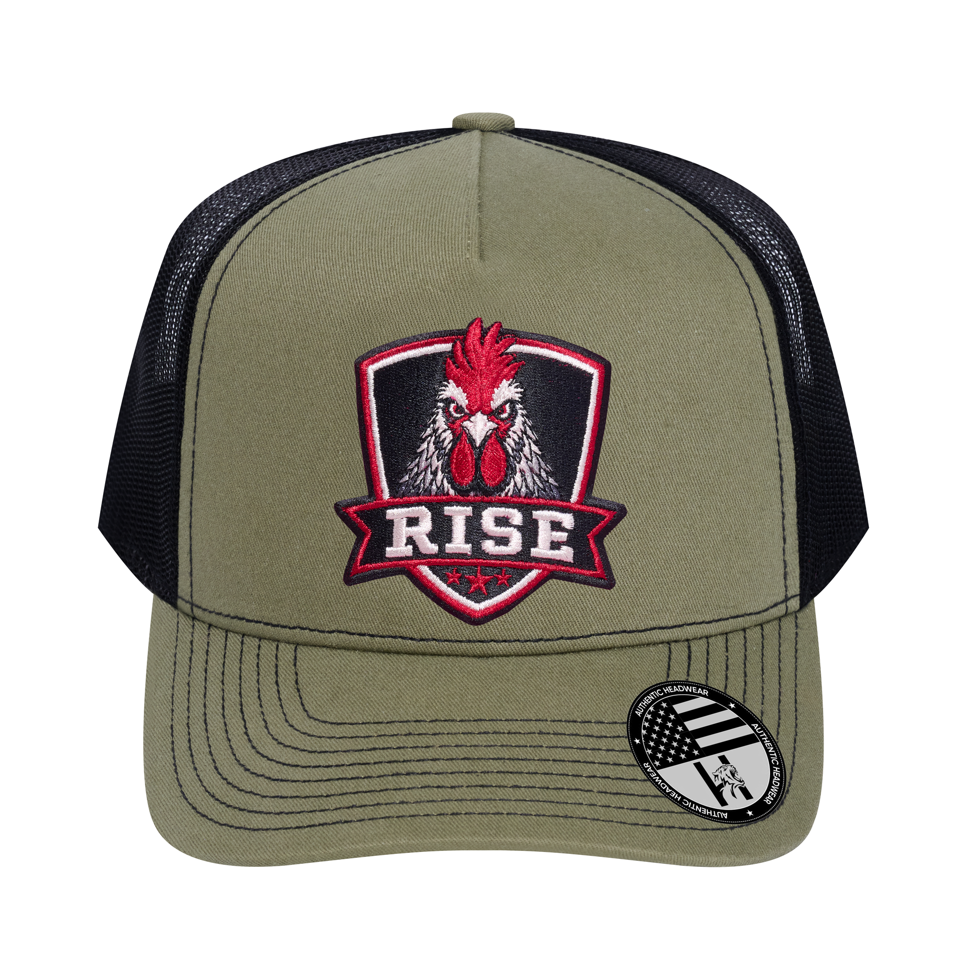 The Rise Rooster 5-Panel Trucker Hat - Olive front and Black mesh back - front view