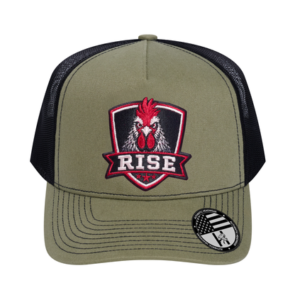 The Rise Rooster 5-Panel Trucker Hat - Olive front and Black mesh back - front view