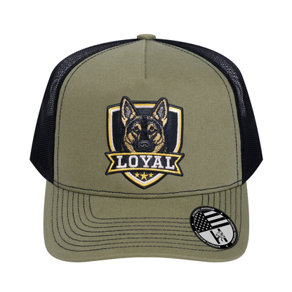 The Loyal 5-Panel Trucker Hat - Olive front and Black mesh back - front view