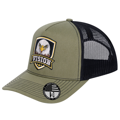 The Vision 5-Panel Trucker Hat - Olive front and Black mesh back - angled view