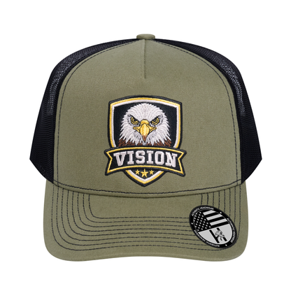 The Vision 5-Panel Trucker Hat - Olive front and Black mesh back - front view