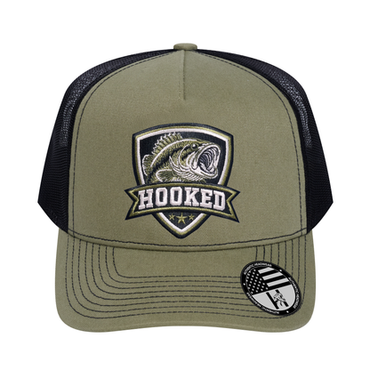 The Hooked Fishing 5-Panel Trucker Hat - Olive front and Black mesh back - front view
