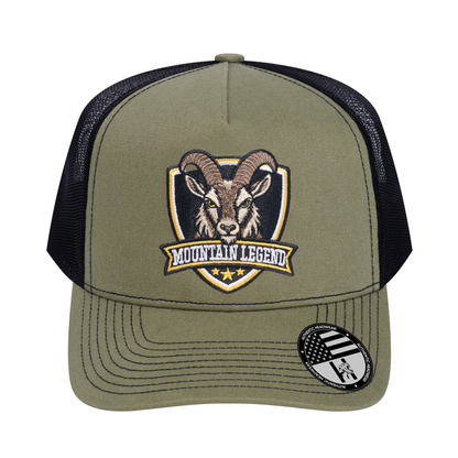 The Mountain Legend Goat 5-Panel Trucker Hat - Olive front and Black mesh back - front view