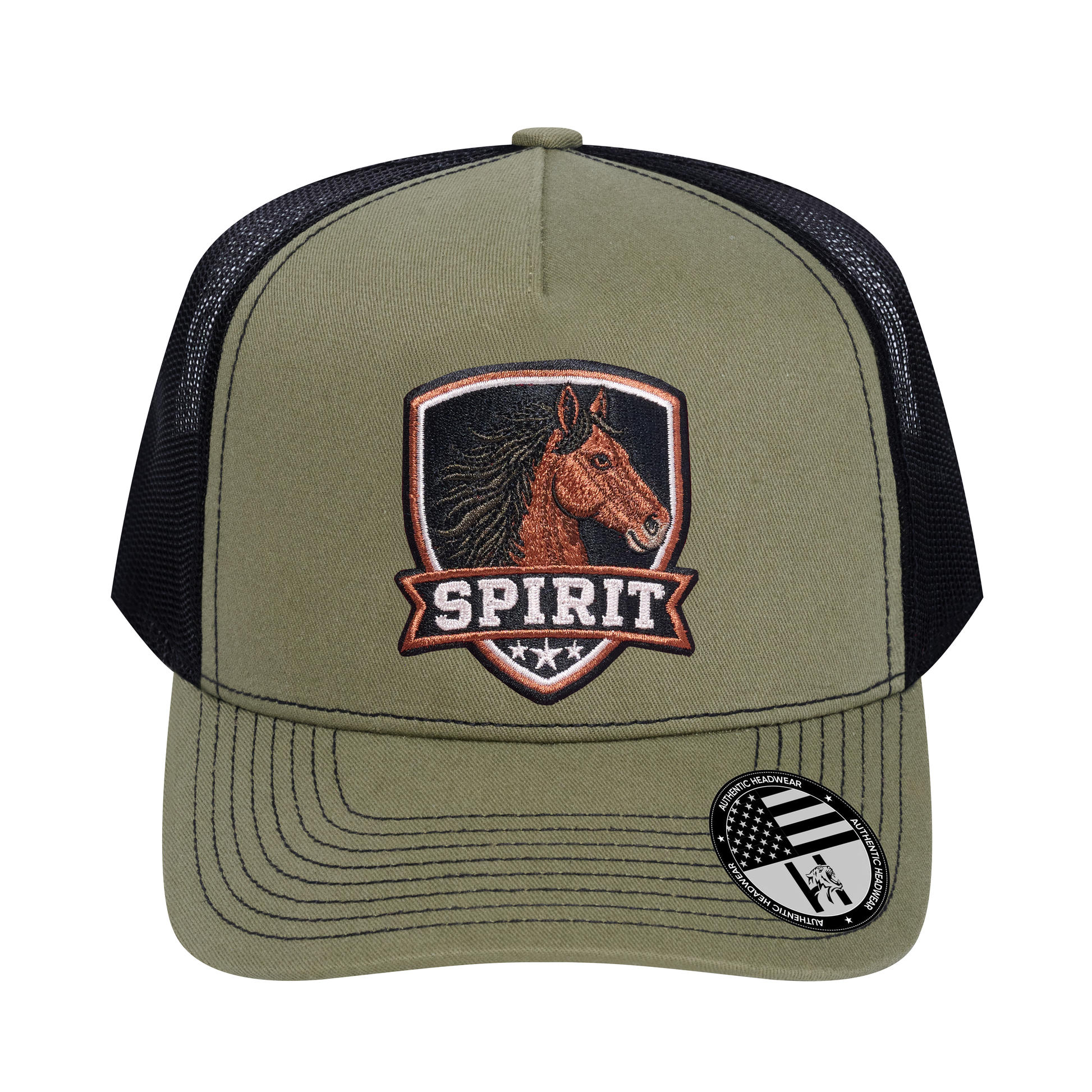 The Spirit 5-Panel Trucker Hat - Olive front and Black mesh back - front view