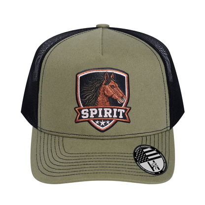 The Spirit 5-Panel Trucker Hat - Olive front and Black mesh back - front view
