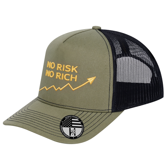 No Risk No Rich 5-Panel Trucker Hat - Olive front and Black mesh back - angled view