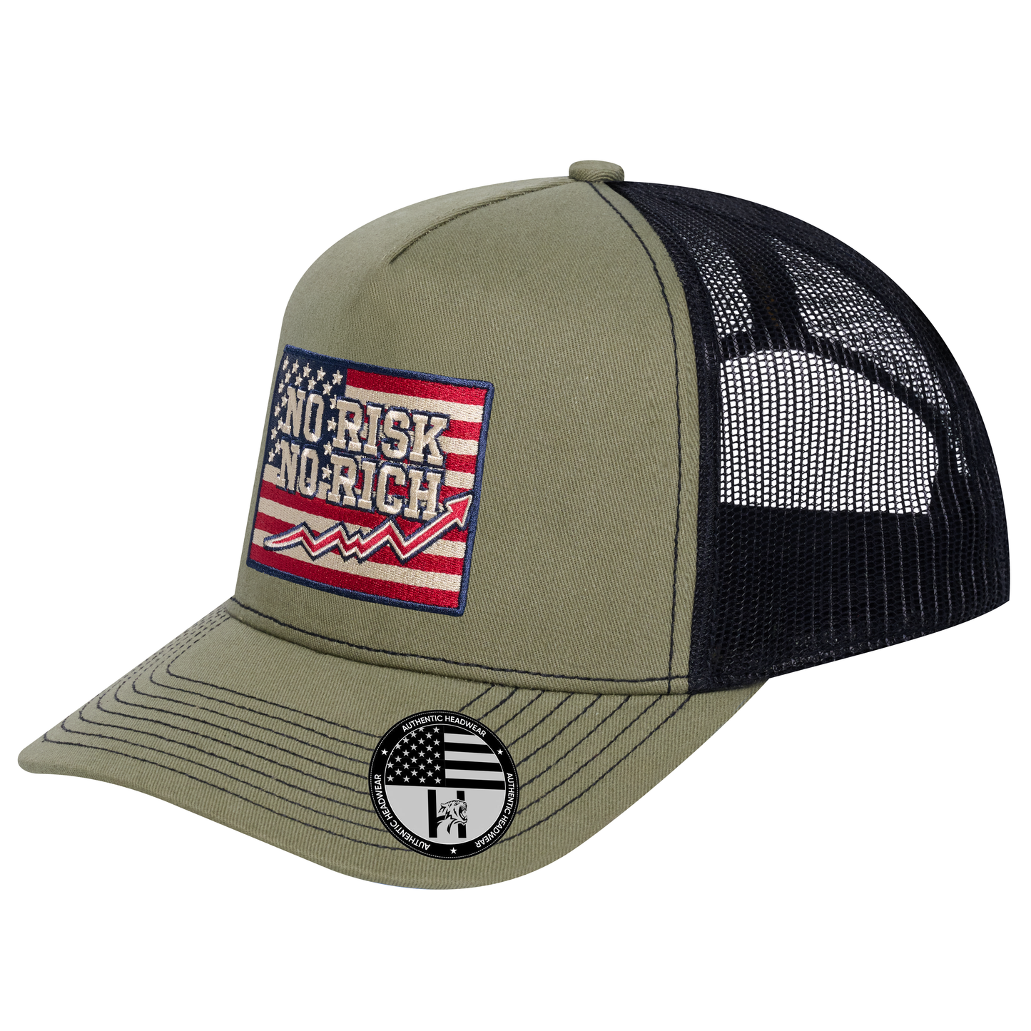 No Risk No Rich US Flag 5-Panel Trucker Hat - Olive front and Black mesh back - angled view