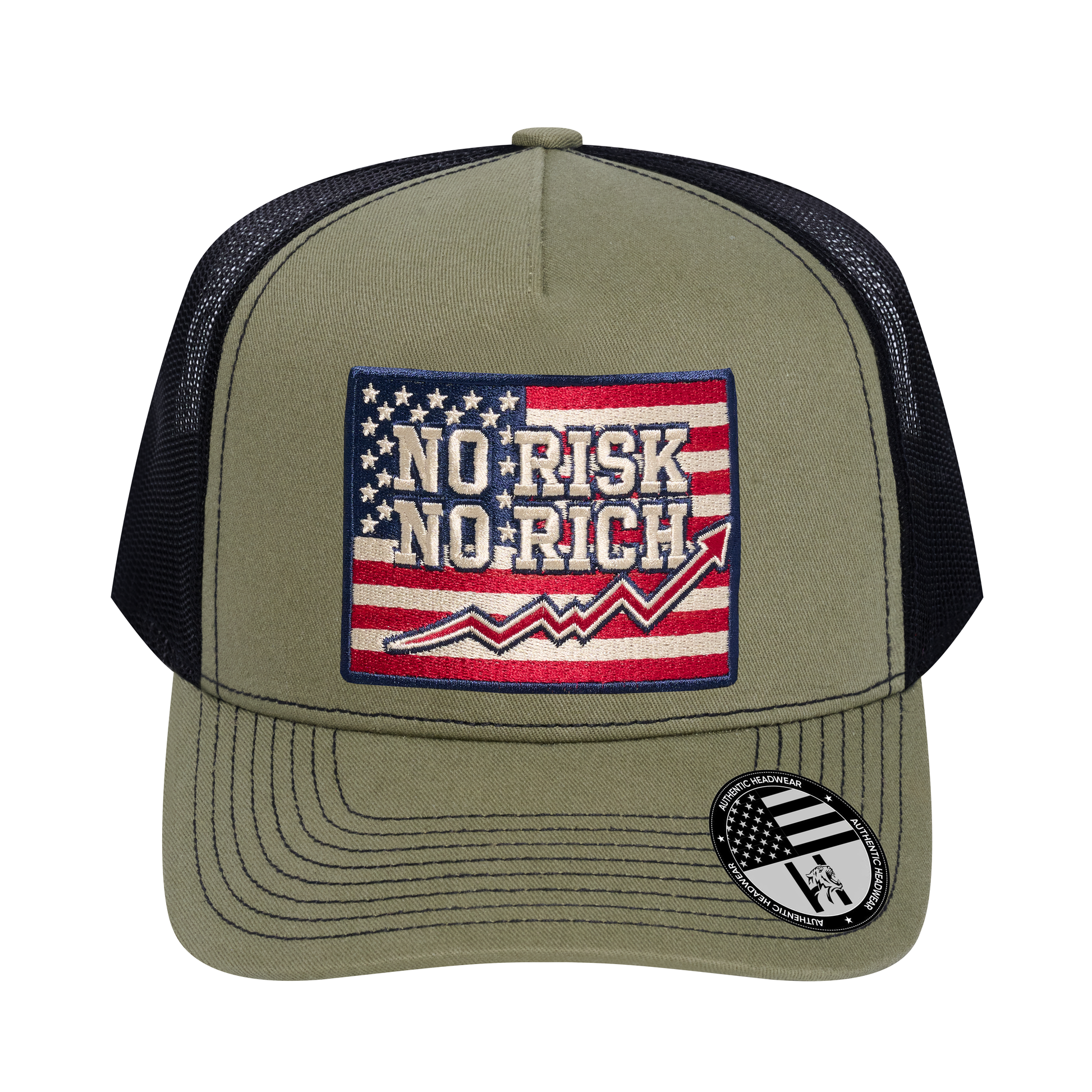 No Risk No Rich US Flag 5-Panel Trucker Hat - Olive front and Black mesh back - front view
