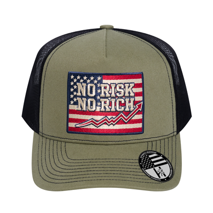 No Risk No Rich US Flag 5-Panel Trucker Hat - Olive front and Black mesh back - front view