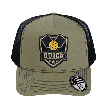 The Quick Pickleball 5-Panel Trucker Hat - Olive front and Black mesh back - front view