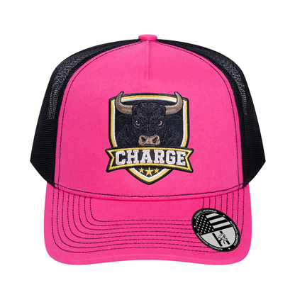 The Charge 5-Panel Trucker Hat - Pink front and Black mesh back - front view