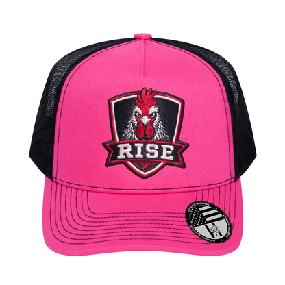 The Rise Rooster 5-Panel Trucker Hat - Pink front and Black mesh back - front view