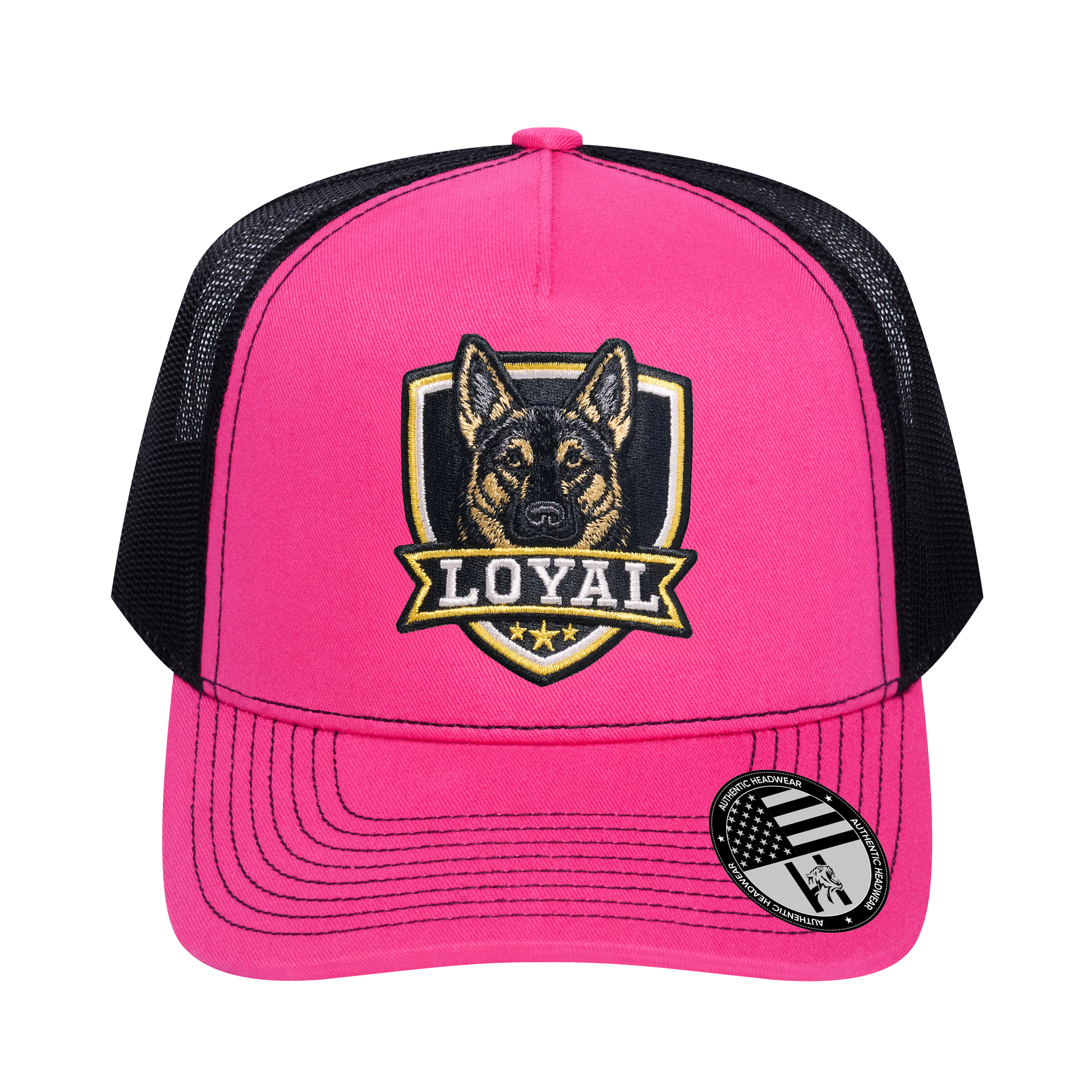 The Loyal 5-Panel Trucker Hat - Pink front and Black mesh back - front view