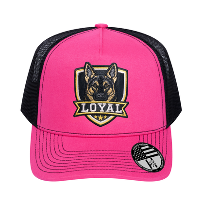 The Loyal 5-Panel Trucker Hat - Pink front and Black mesh back - front view