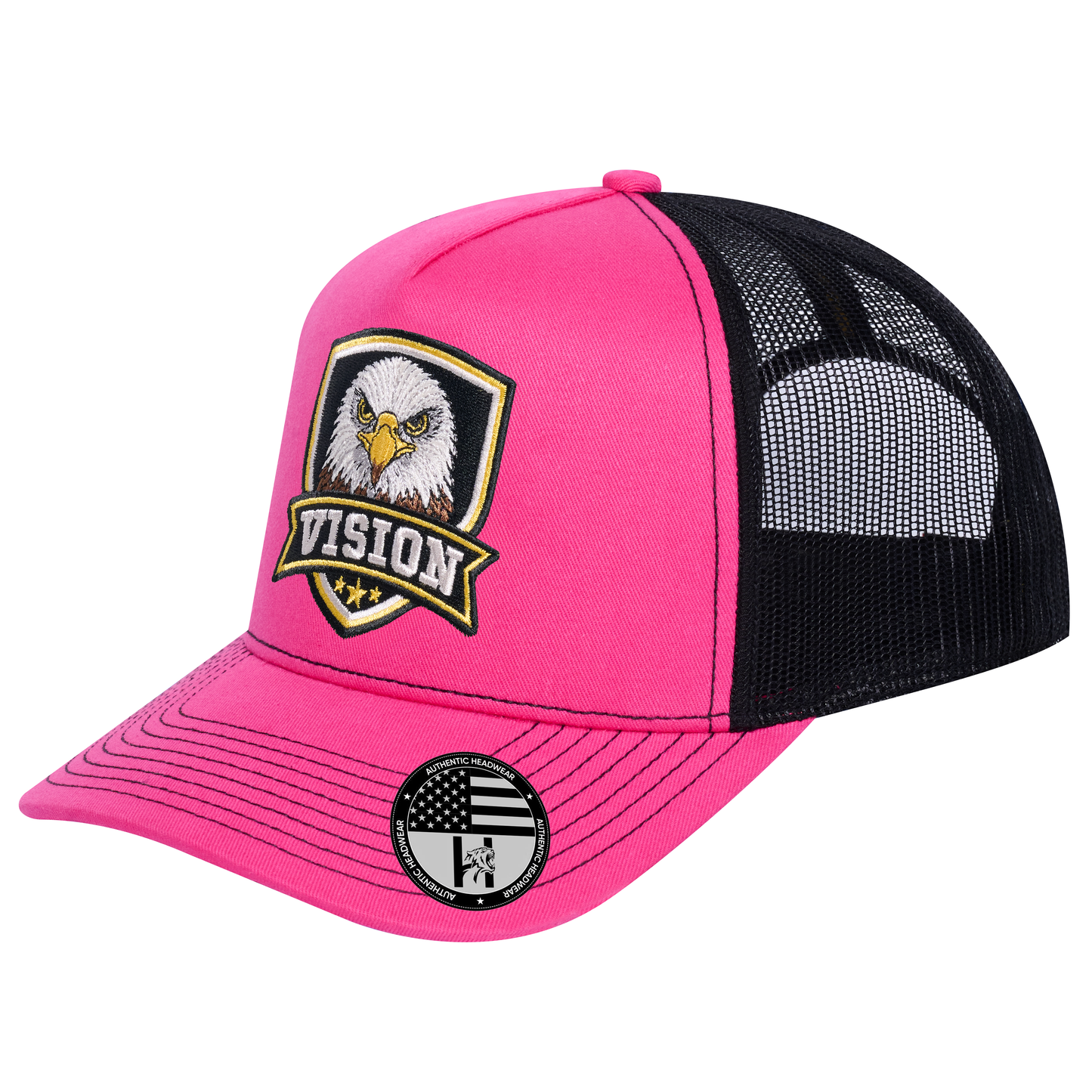 The Vision 5-Panel Trucker Hat - Pink front and Black mesh back - angled view