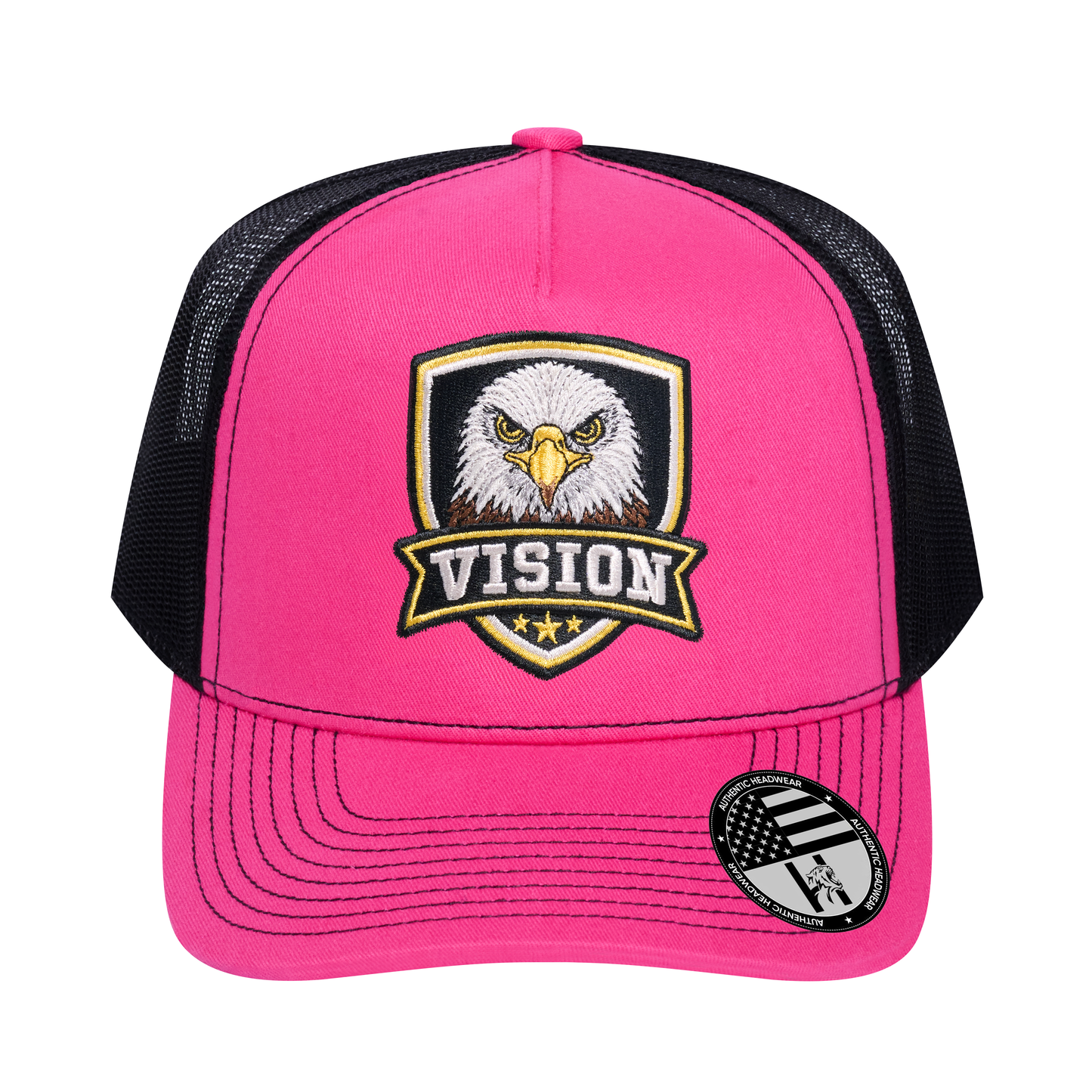 The Vision 5-Panel Trucker Hat - Pink front and Black mesh back - front view