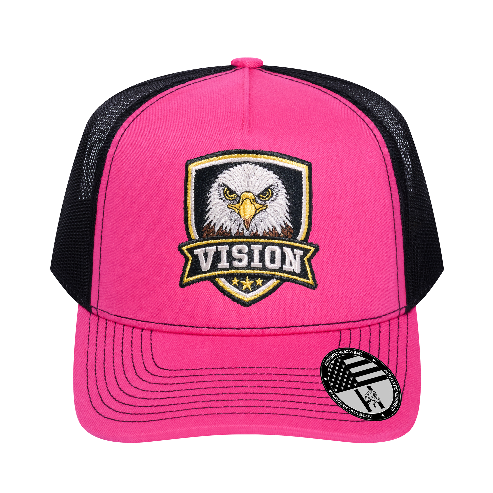The Vision 5-Panel Trucker Hat - Pink front and Black mesh back - front view