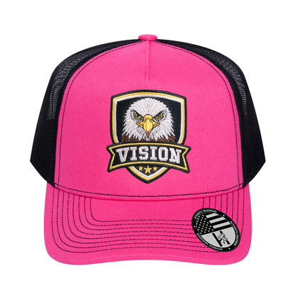 The Vision 5-Panel Trucker Hat - Pink front and Black mesh back - front view