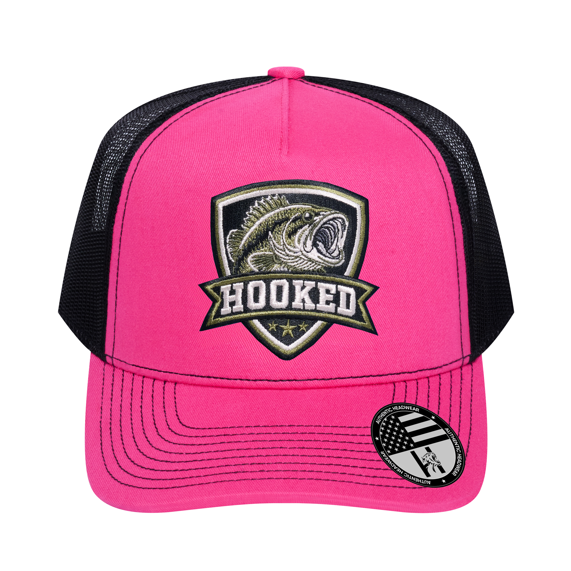The Hooked Fishing 5-Panel Trucker Hat - Pink front and Black mesh back - front view