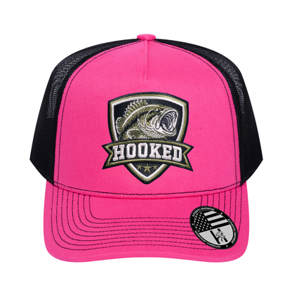 The Hooked Fishing 5-Panel Trucker Hat - Pink front and Black mesh back - front view