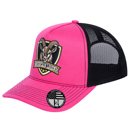 The Mountain Legend Goat 5-Panel Trucker Hat - Pink front and Black mesh back - angled view