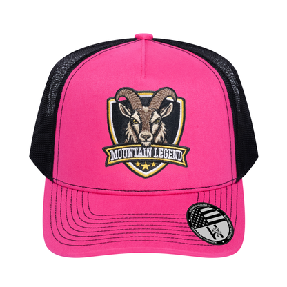 The Mountain Legend Goat 5-Panel Trucker Hat - Pink front and Black mesh back - front view