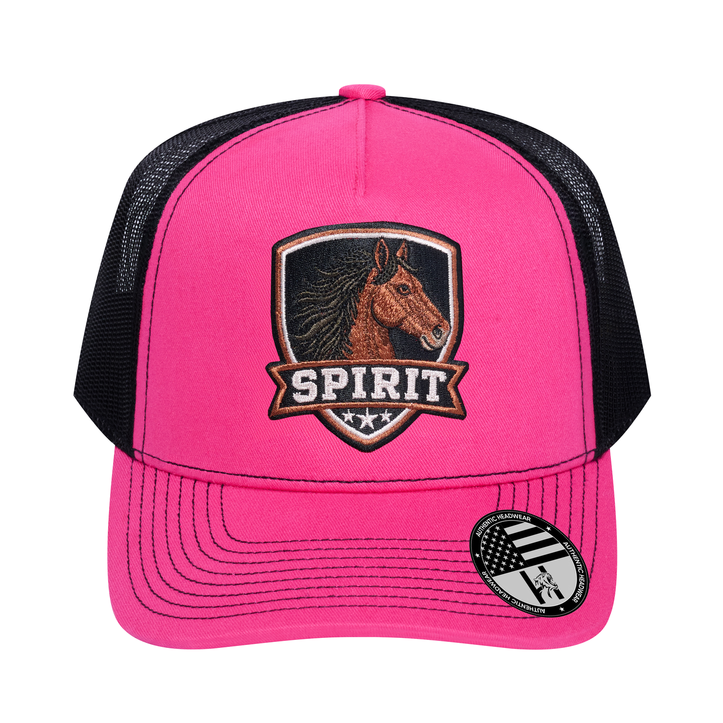 The Spirit 5-Panel Trucker Hat - Pink front and Black mesh back - front view