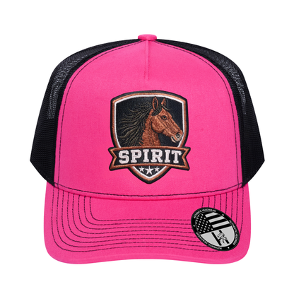The Spirit 5-Panel Trucker Hat - Pink front and Black mesh back - front view