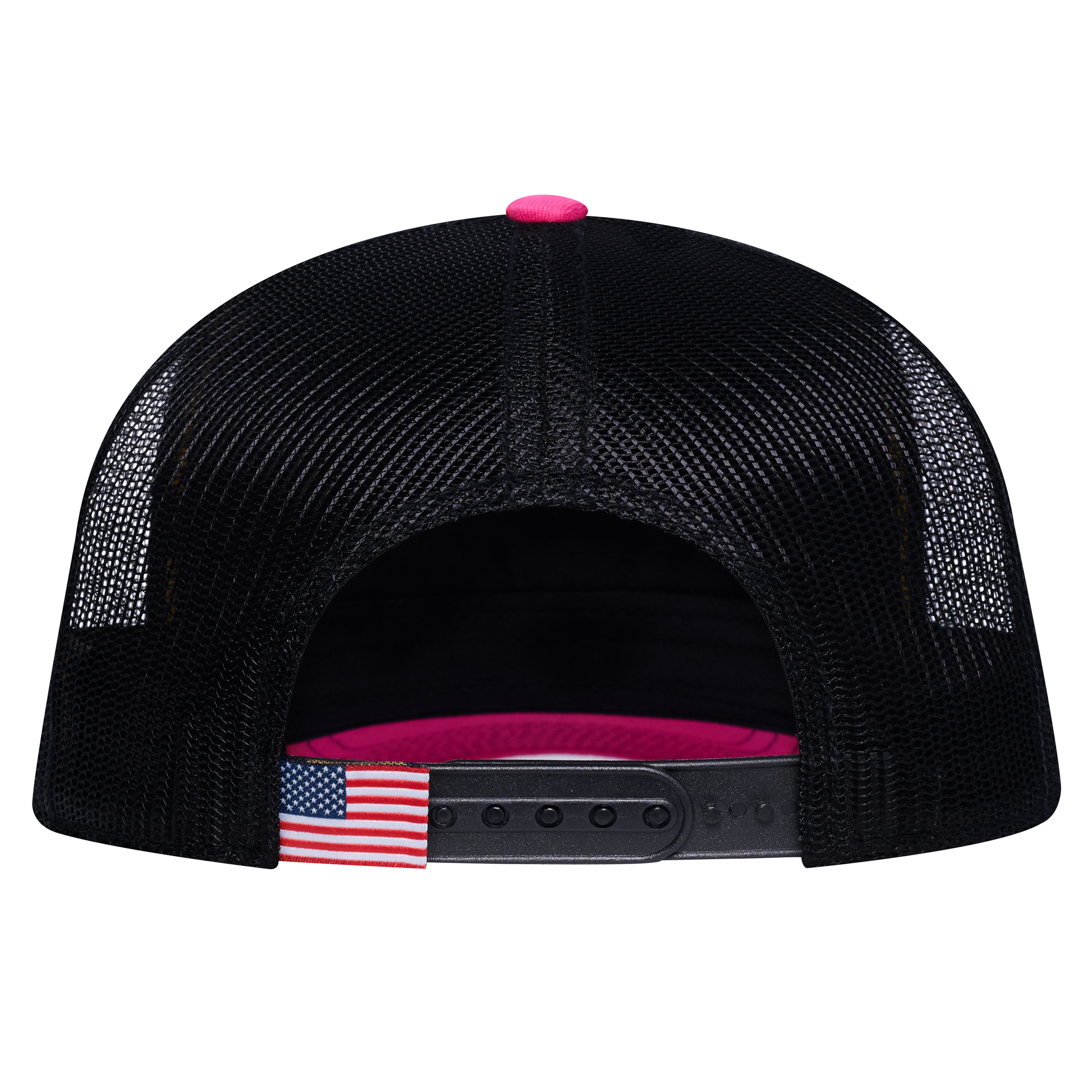The Spirit 5-Panel Trucker Hat - Pink front and Black mesh back - back view