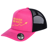 No Risk No Rich 5-Panel Trucker Hat - Pink front and Black mesh back - angled view