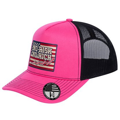 No Risk No Rich US Flag 5-Panel Trucker Hat - Pink front and Black mesh back - angled view