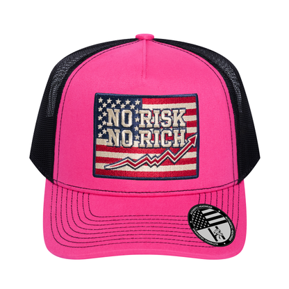 No Risk No Rich US Flag 5-Panel Trucker Hat - Pink front and Black mesh back - front view