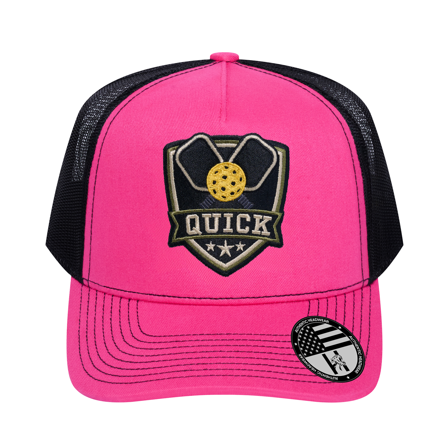 The Quick Pickleball 5-Panel Trucker Hat - Pink front and Black mesh back - front view