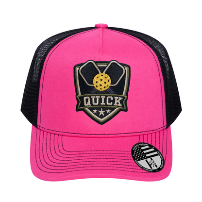 The Quick Pickleball 5-Panel Trucker Hat - Pink front and Black mesh back - front view