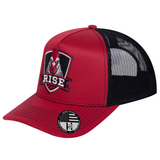 The Rise Rooster 5-Panel Trucker Hat - Burgundy front and Black mesh back - angled view