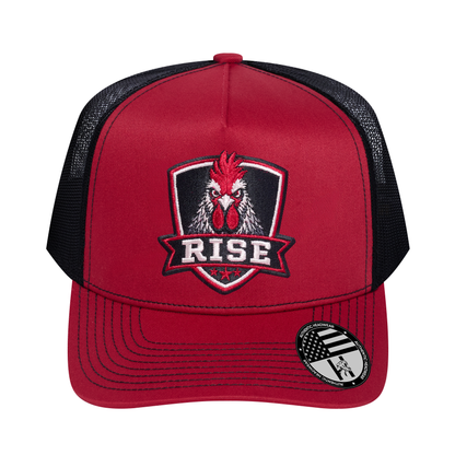 The Rise Rooster 5-Panel Trucker Hat - Burgundy front and Black mesh back - front view