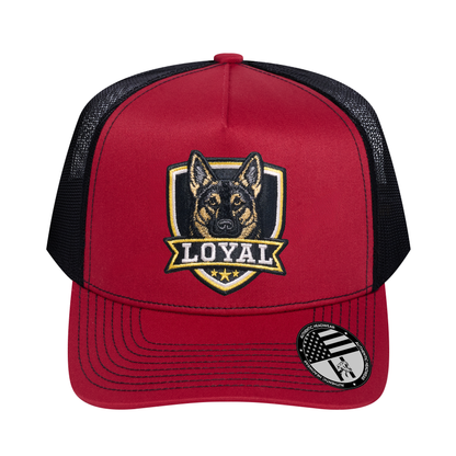 The Loyal 5-Panel Trucker Hat - Burgundy front and Black mesh back - front view