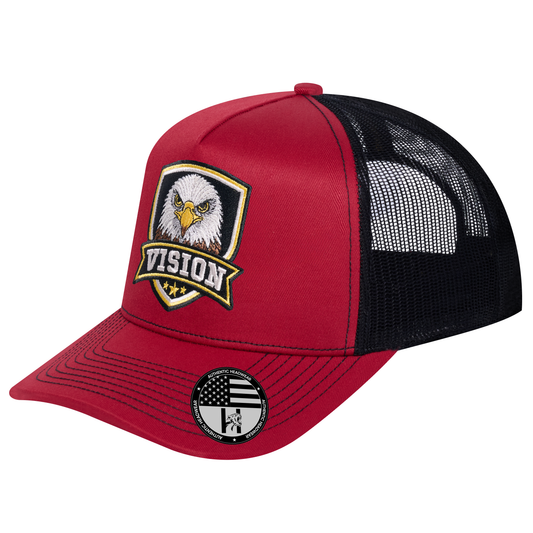 The Vision 5-Panel Trucker Hat - Burgundy front and Black mesh back - angled view