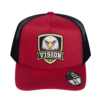 The Vision 5-Panel Trucker Hat - Burgundy front and Black mesh back - front view