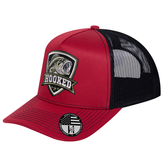 The Hooked Fishing 5-Panel Trucker Hat - Burgundy front and Black mesh back - angled view