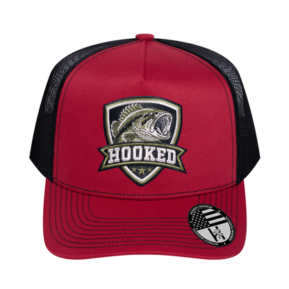 The Hooked Fishing 5-Panel Trucker Hat - Burgundy front and Black mesh back - front view