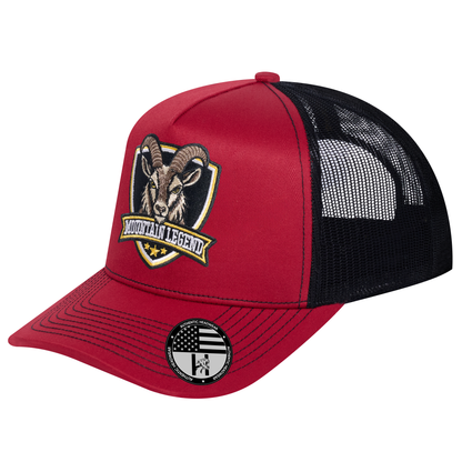 The Mountain Legend Goat 5-Panel Trucker Hat - Burgundy front and Black mesh back - angled view