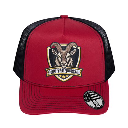 The Mountain Legend Goat 5-Panel Trucker Hat - Burgundy front and Black mesh back - front view