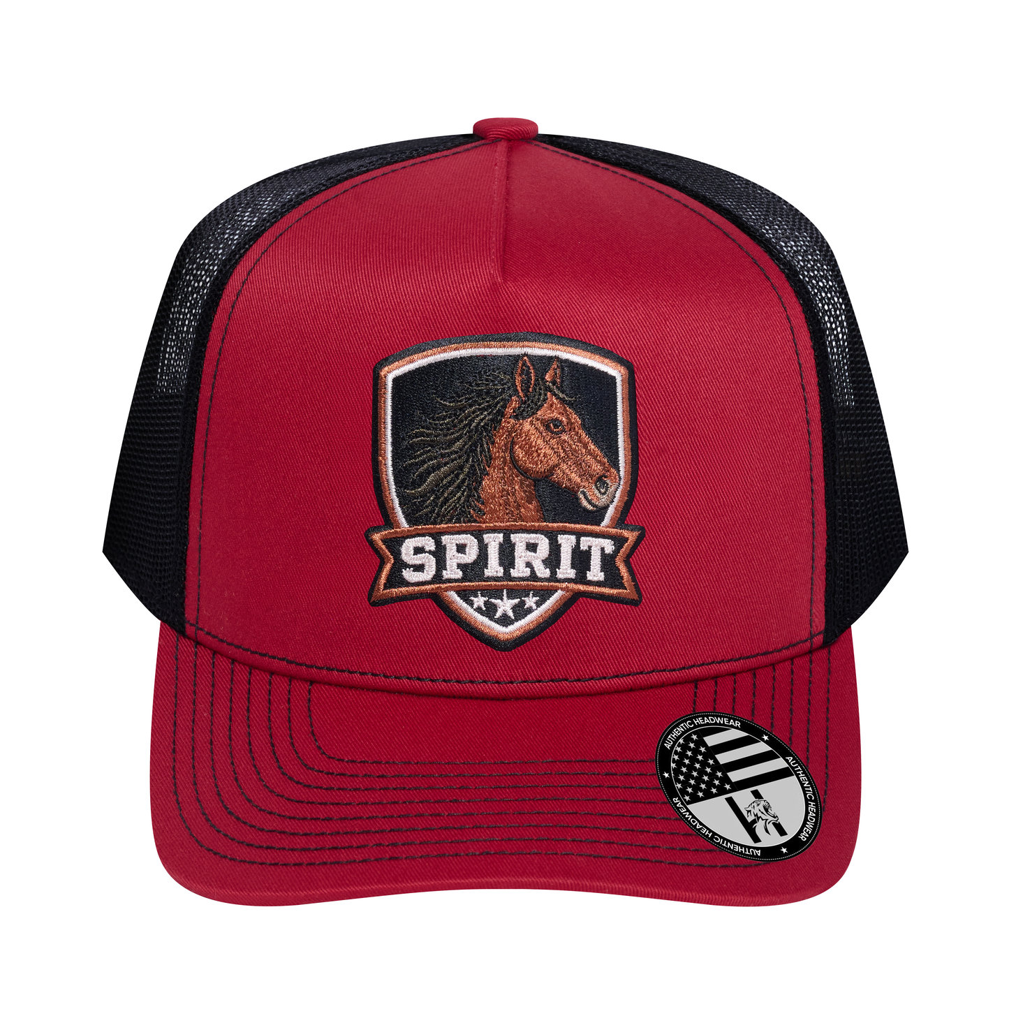 The Spirit 5-Panel Trucker Hat - Burgundy front and Black mesh back - front view