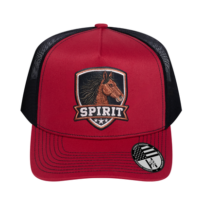 The Spirit 5-Panel Trucker Hat - Burgundy front and Black mesh back - front view